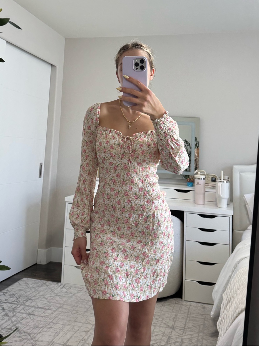 Pink Floral Square-Neck Mini Dress with Long Sleeves
